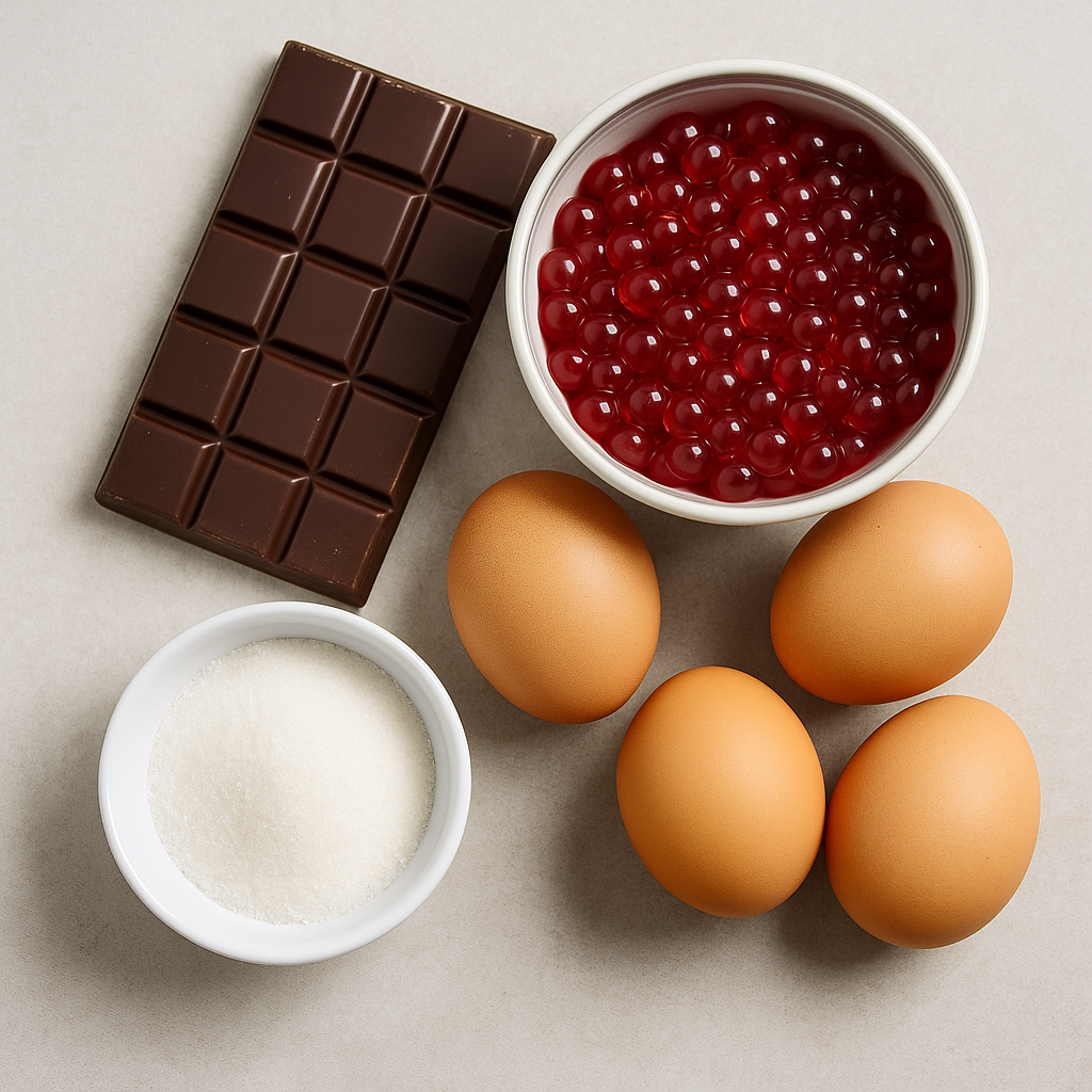 Ingrédients mousse au chocolat et perles de framboise